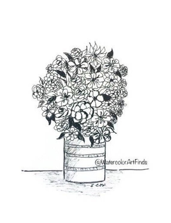 570x742 Black And White Botanical Pen And Ink Floral Print Original Etsy - Floral Print Sketch