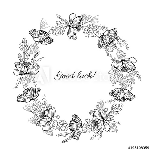 500x500 Poppy Flowers, Floral Wreath Isolated On White Background, Round - Floral Wreath Sketch