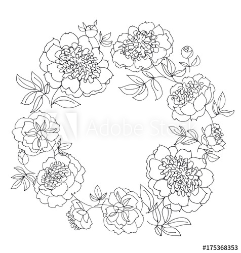 476x500 Peony Flower Wreath Vector Illustration. Line Sketch Hand Drawn - Floral Wreath Sketch