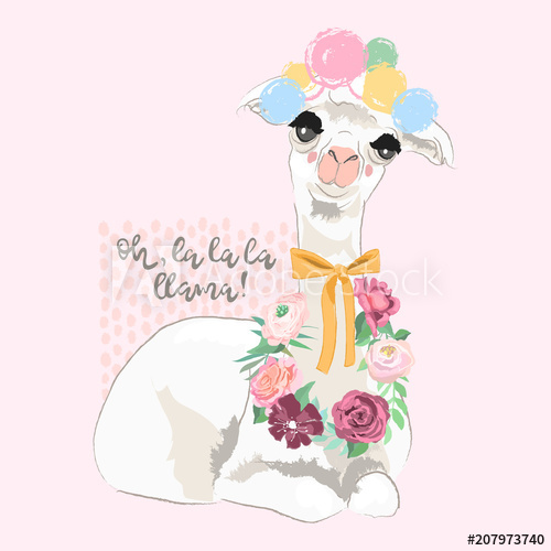 500x500 Beautiful Llama, Alpaca With Pompoms, Tied Bow And Floral Wreath - Floral Wreath Sketch