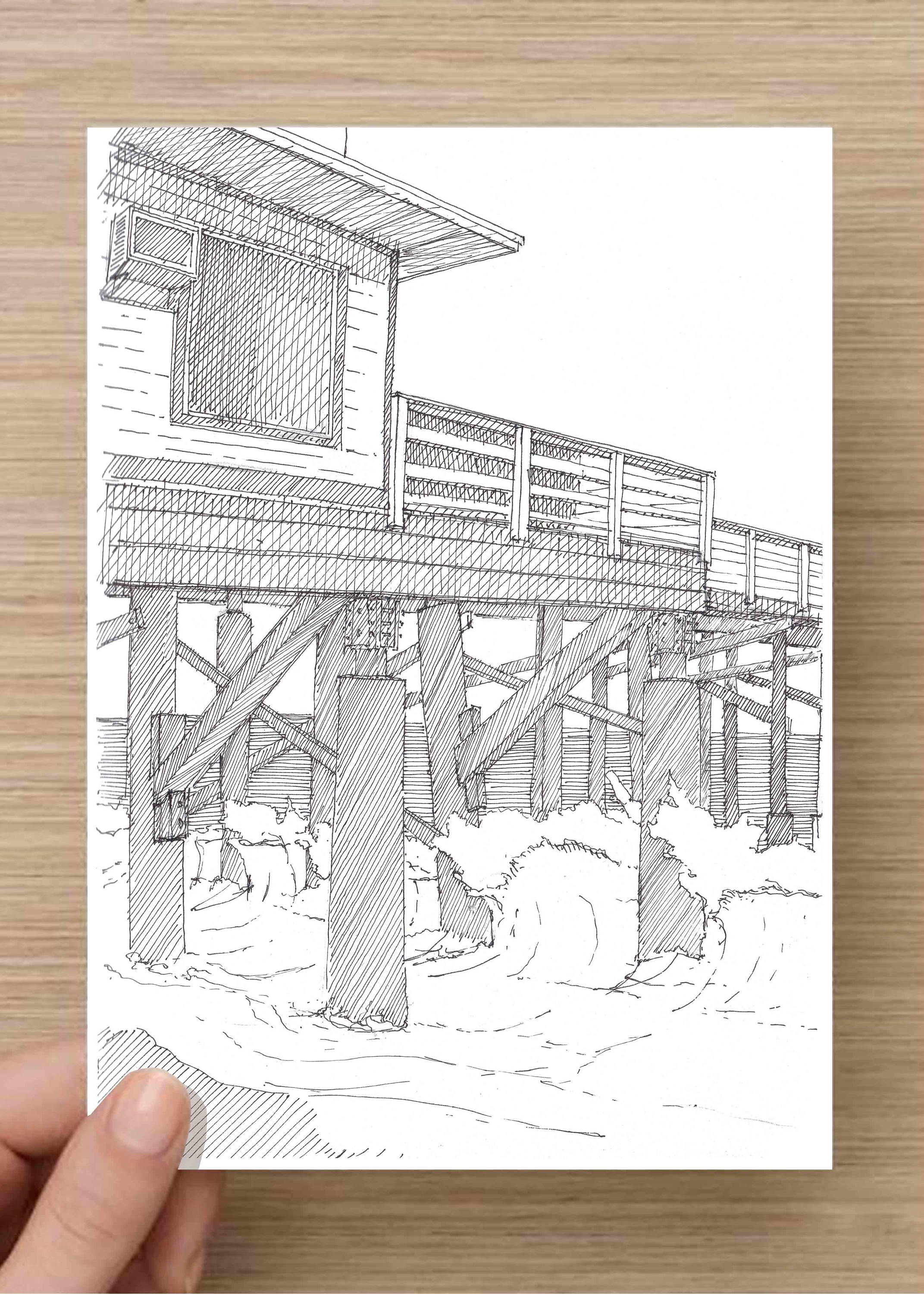 2143x3000 Ink Drawing Of Flagler Beach Pier Closeup, Florida - Florida Sketch