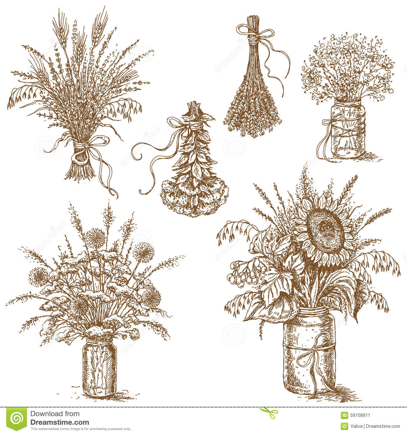 1300x1390 Sketch Of Various Flower Bouquets Of Flowers, Cereals And Dried - Flower Arrangement Sketch