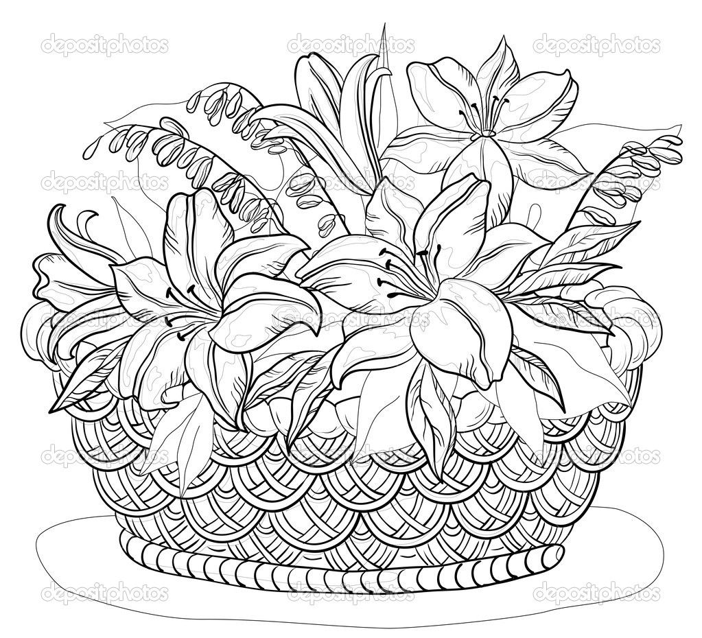 1023x930 Flower Basket Drawing Floweryweb Dibujos Varios - Flower Basket Sketch