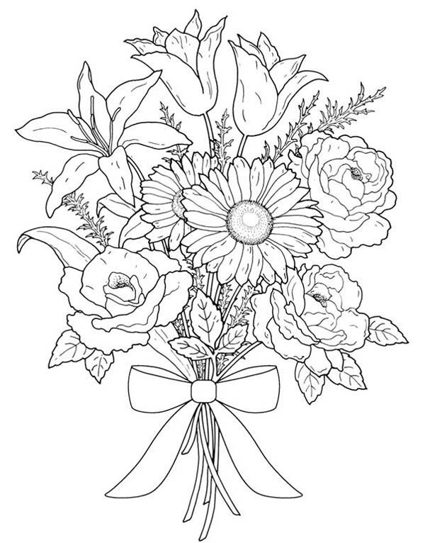 600x766 Flower Bouquet For Valentine Day Coloring - Flower Bouquet Sketch