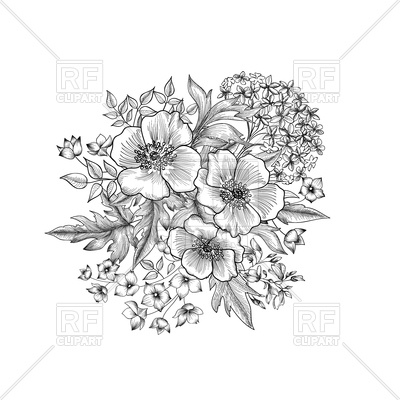 400x400 Flowers Bouquet Sketch With Flowers And Leaves Vector Image - Flower Bouquet Sketch