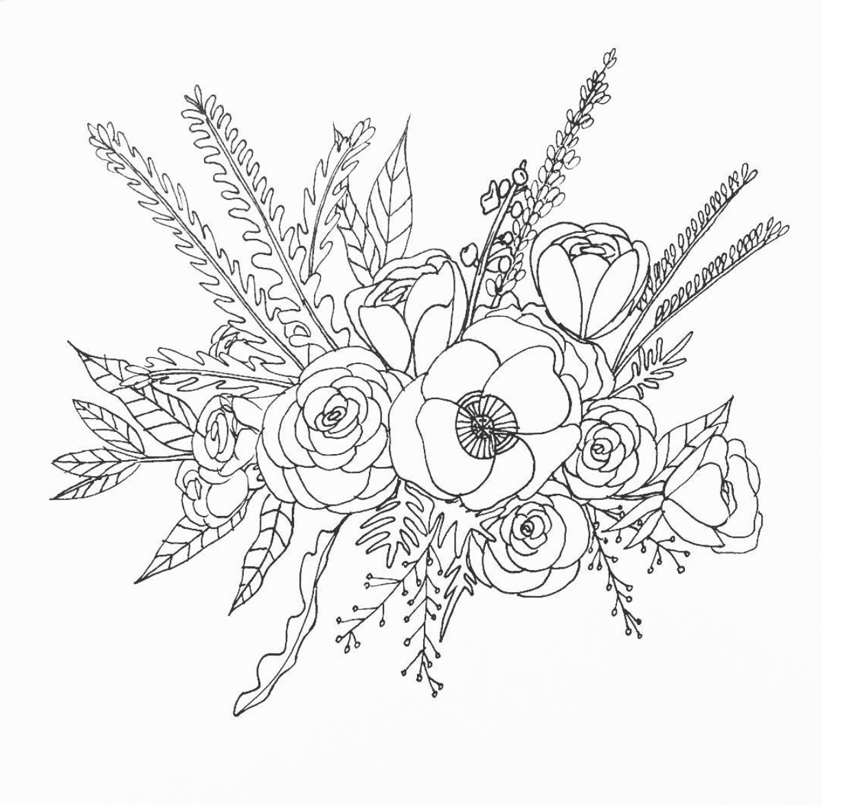 1230x1172 Line Drawing Flower Illustration Floral - Flower Bouquet Sketch
