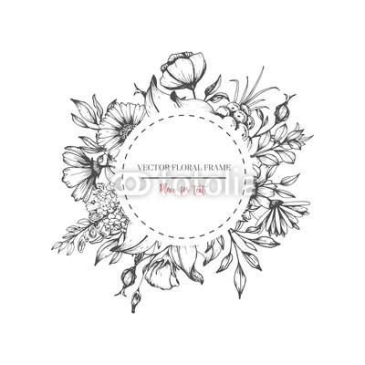 400x400 Hand Drawn Flower Round Frame. Vector Floral Wedding Design In - Flower Frame Sketch