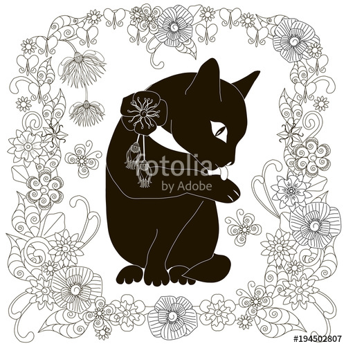 500x500 Black Cat In Flower Frame Monochrome Sketch, Coloring - Flower Frame Sketch