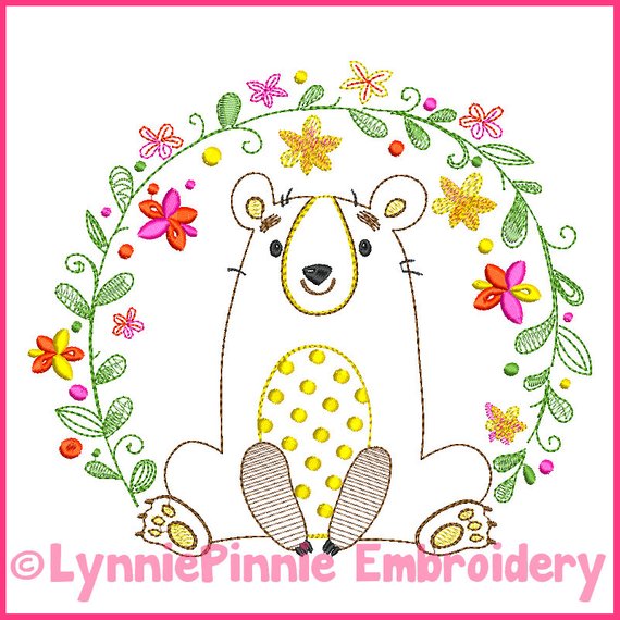 570x570 Vintage Flower Frame Bear Colorwork Sketch Machine Embroidery Etsy - Flower Frame Sketch