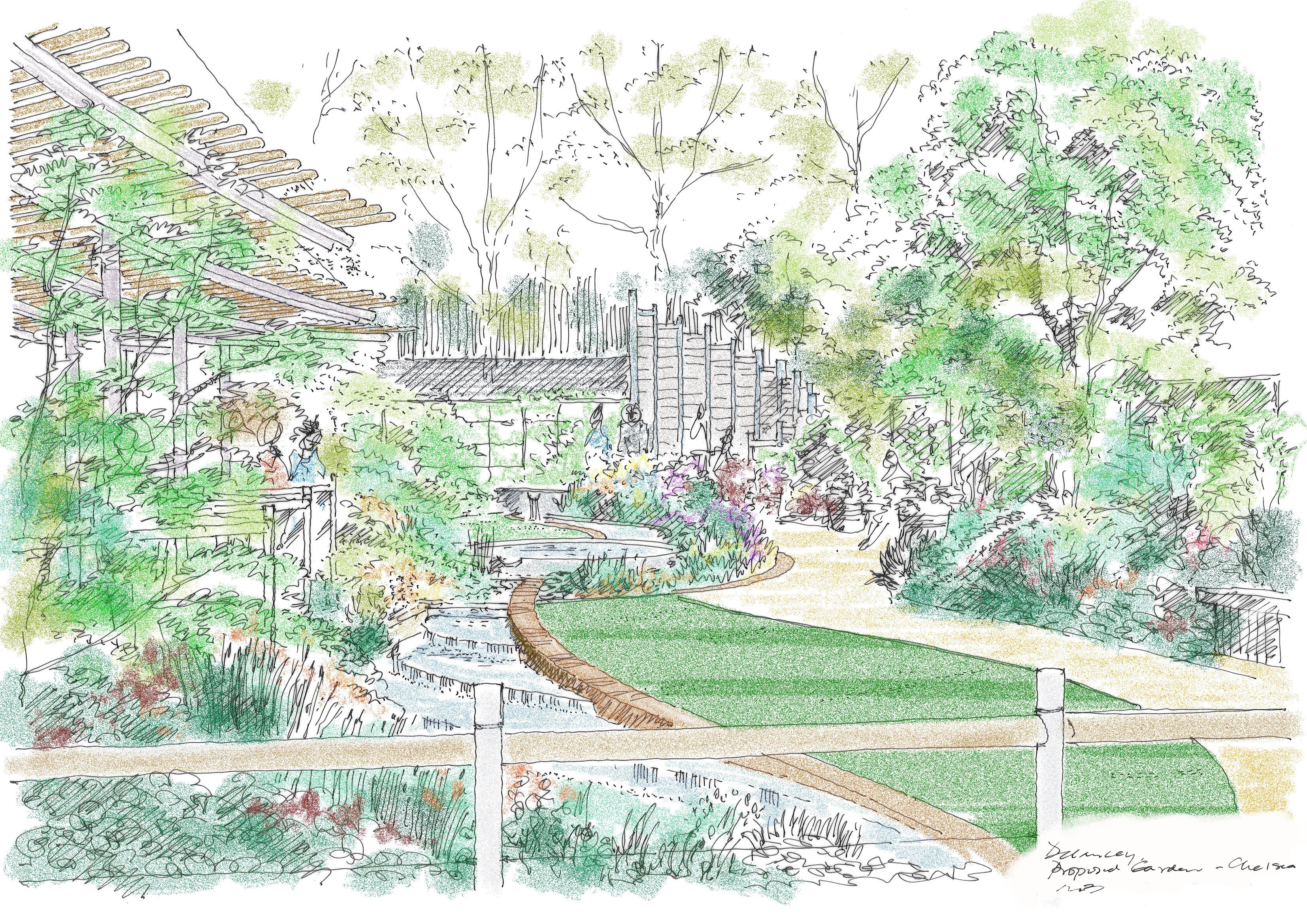 3307x2338 East Village Chelsea Flower Show Garden Sketches - Flower Garden Sketch