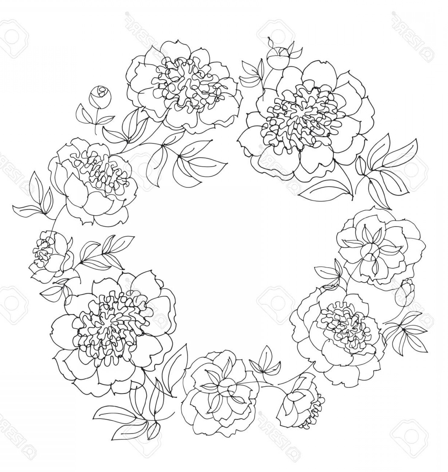 1482x1560 Photostock Vector Peony Flower Wreath Vector Illustration Line - Flower Pattern Sketch