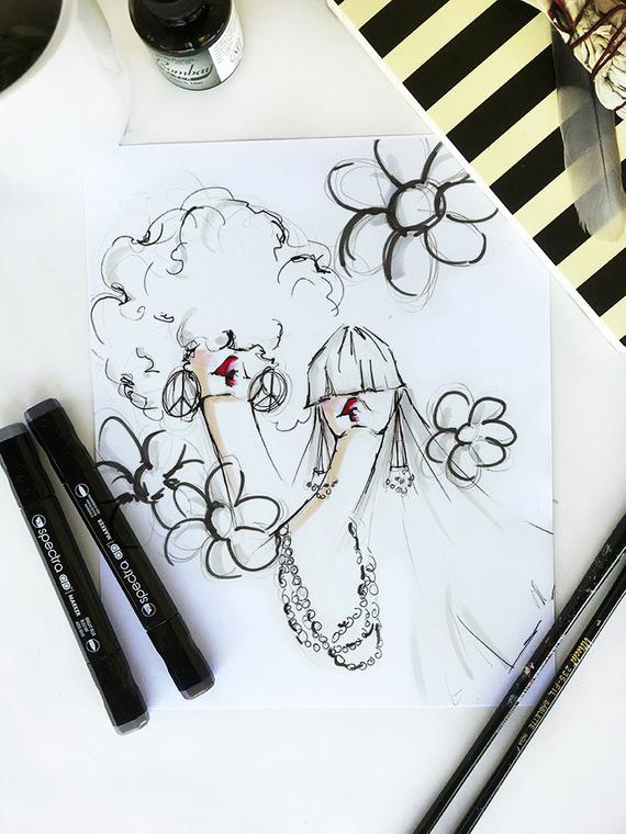 570x760 Illustration Sketch Flower Power Fashion Print Black And Etsy - Flower Power Sketch