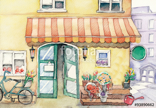 500x346 Watercolor High Definition Illustration Street Flower Shop - Flower Shop Sketch