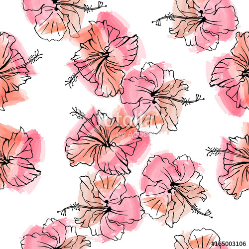 500x500 Hand Drawn Vector Seamless Pattern Of Hibiscus Flowers. Sketch On - Flower Sketch Background