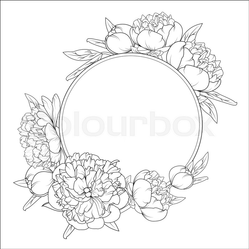 800x800 Rose Peony Spring Summer Flowers Round Frame Wreath. Detailed - Flower Sketch Black And White