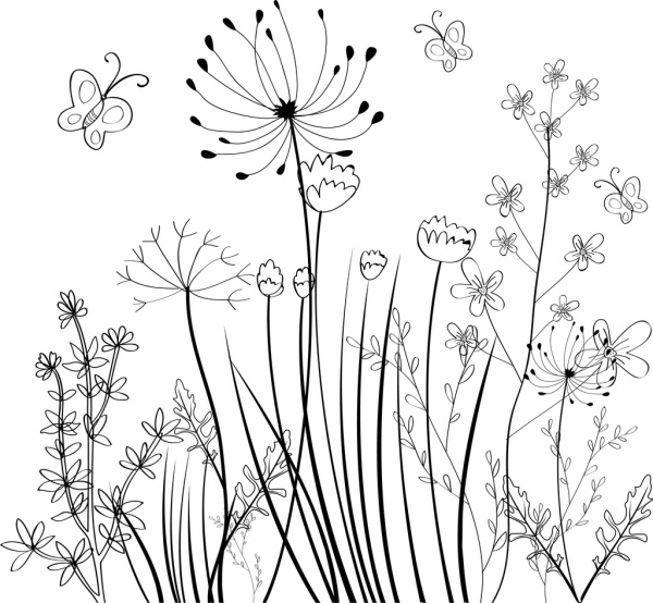 600x554 Wild Flowers Field Background Black White Sketch Free Vector In - Flower Sketch Black And White