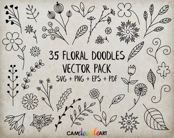 570x453 35 Floral Doodles Vector Pack Hand Drawn Doodle Clipart Etsy - Flower Sketch Clipart