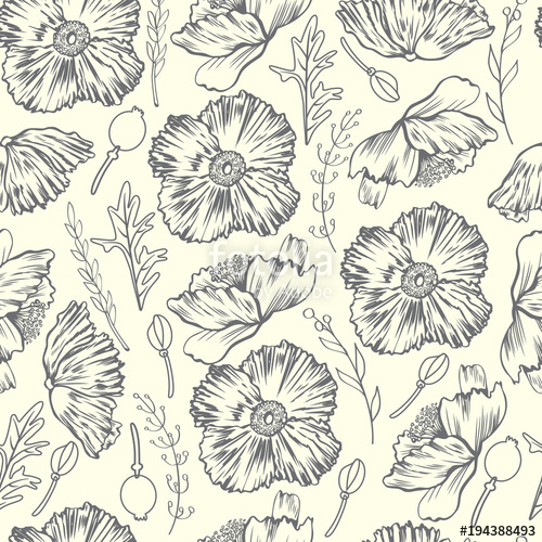 500x500 Seamless Floral Vector Pattern, Poppy Flower Sketch Hand Drawn - Flower Sketch Vector