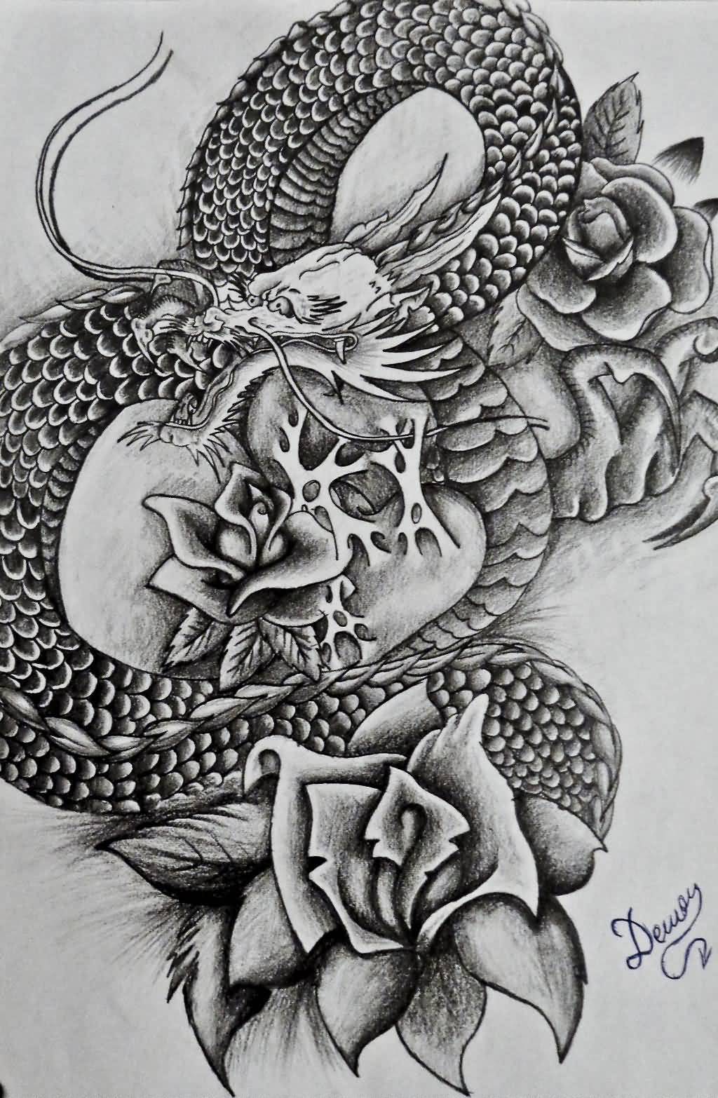 1024x1566 Grey Ink Dragon And Flowers Tattoo Sketch - Flower Tattoo Sketch