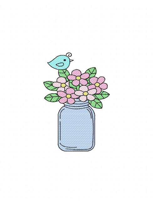 489x640 Mason Jar With Flowers And Bird Sketch Embroidery Design - Flowers Sketch Pictures