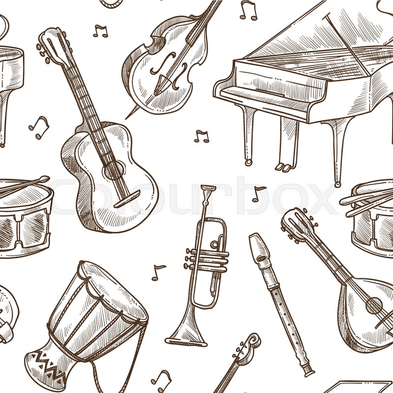800x800 Musical Instruments Pattern Background. Vector Seamless Sketch Of - Flute Sketch
