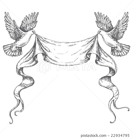 450x468 Hand Drawn Sketch Of Flying Doves With Ribbon - Flying Dove Sketch