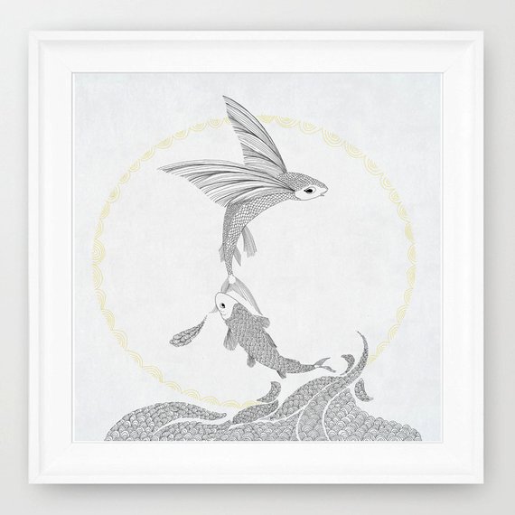 570x570 Flying Fish Line Art Print Of Orginal Drawing Etsy - Flying Fish Sketch