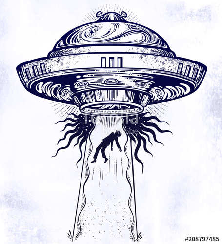 455x500 Fantastic Alien Spaceship. Ufo Abduction Of A Human With Flying - Flying Saucer Sketch