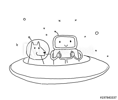 500x424 Sketch Robot Alien Character With Dog. On Flying Saucer In Space - Flying Saucer Sketch