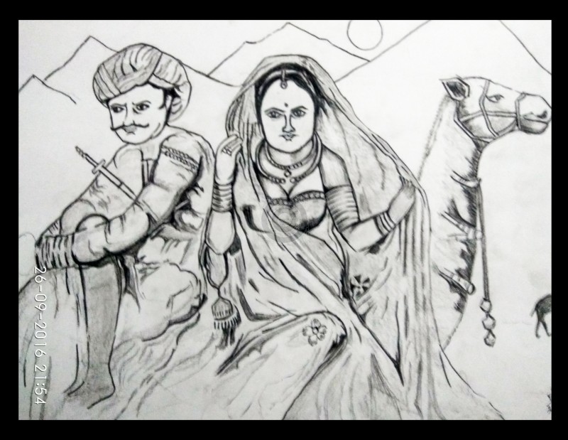 800x619 Rajesthani Folk Hand Made Sketch Sketch Artoreal - Folk Sketch