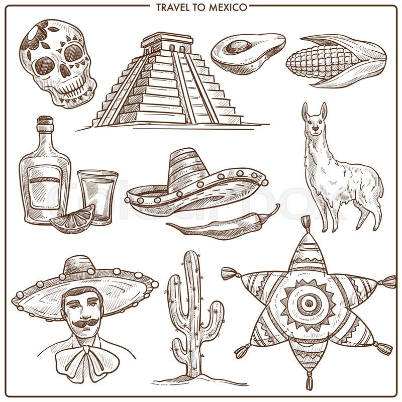 800x800 Mexico Travel Sketch Symbols And Tourist Landmarks. Vector Mexican - Food Pyramid Sketch