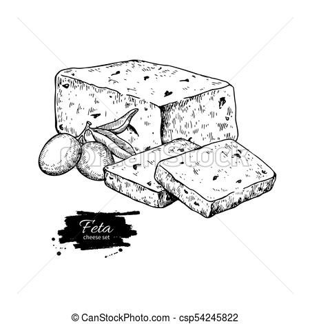 450x470 Greek Feta Cheese Block Drawing. Vector Hand Drawn Food Sketch - Food Sketch