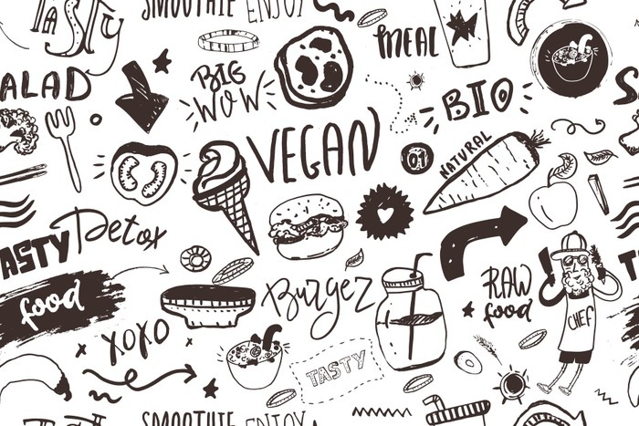 700x467 Seamless Modern Vegan Pattern With Healty Food. Sketch Hand Drawn - Food Sketch