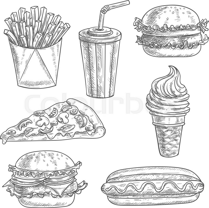 800x798 Fast Food Pencil Sketch Snacks, Desserts, Drinks. Isolated Vector - Food Sketch