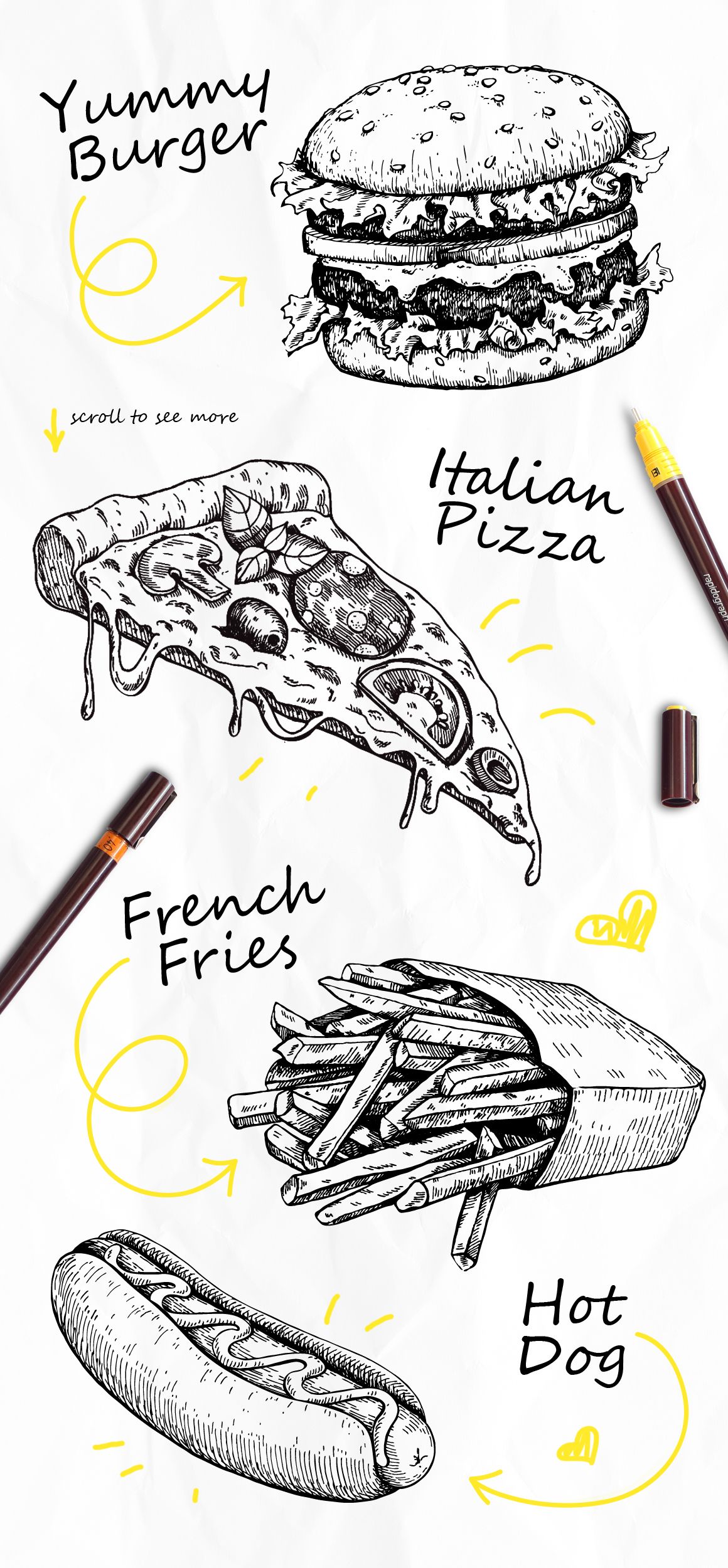 1160x2500 Fast Food Sketch Set. Detailed Hand Drawn Illustrations On Behance - Food Sketch Images