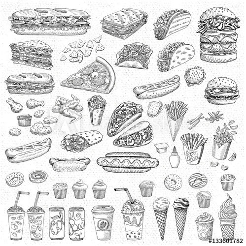499x500 Big Vector Set, Fast Food. Sketch Style. Hamburger Taco Burrito - Food Sketch Vector