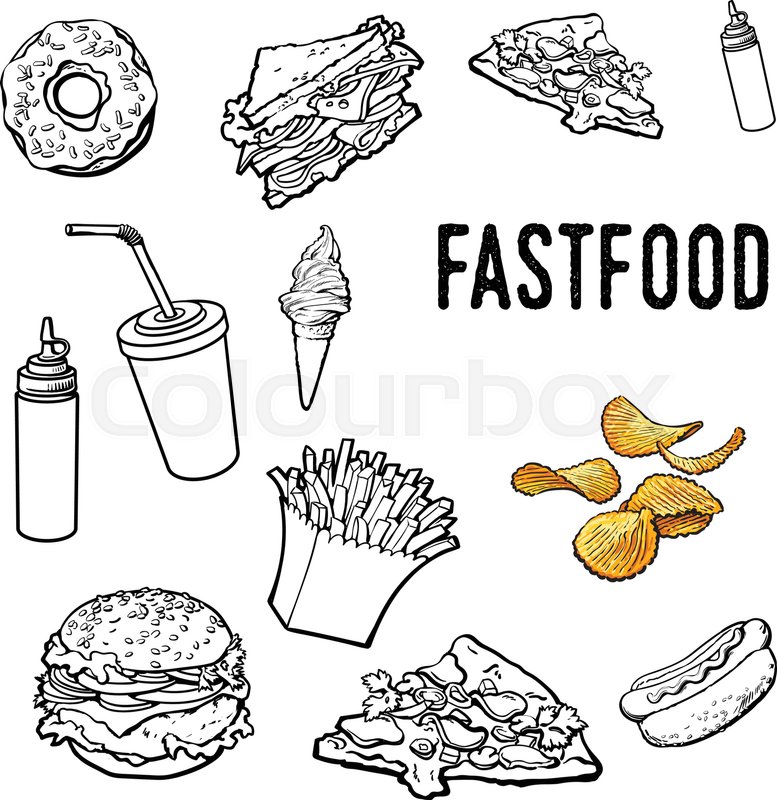 777x800 Set Of Black And White Hand Drawn Fast Food, Sketch Style Vector - Food Sketch Vector