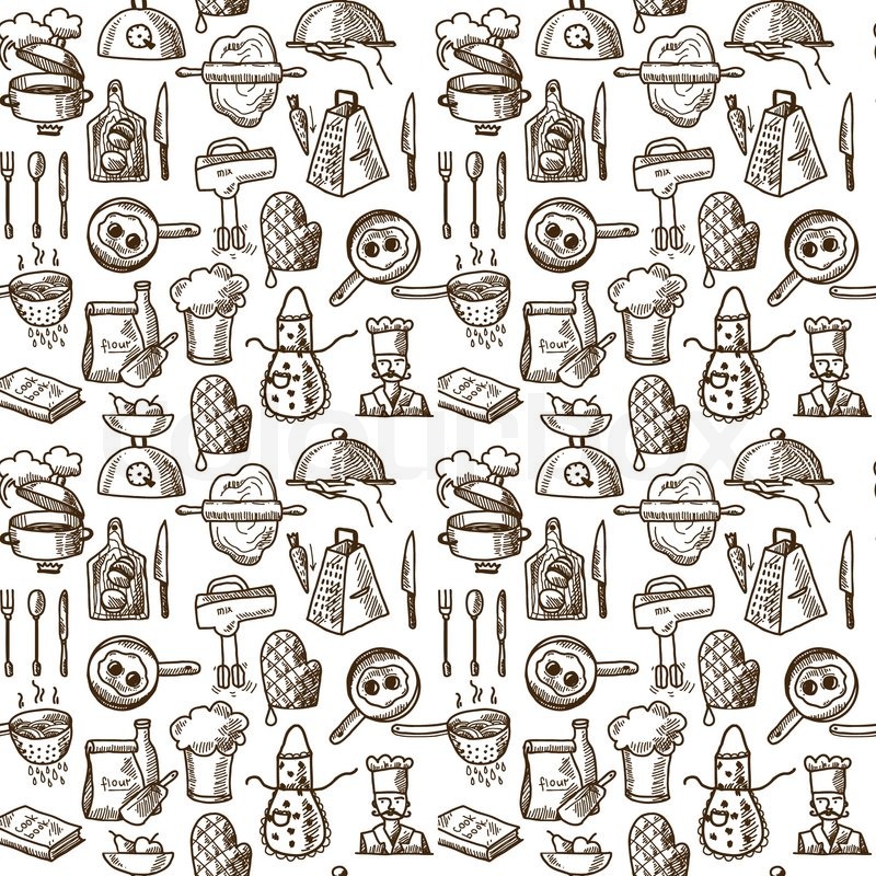 800x800 Cooking Process Delicious Food Sketch Icons Seamless Pattern - Food Sketch Vector