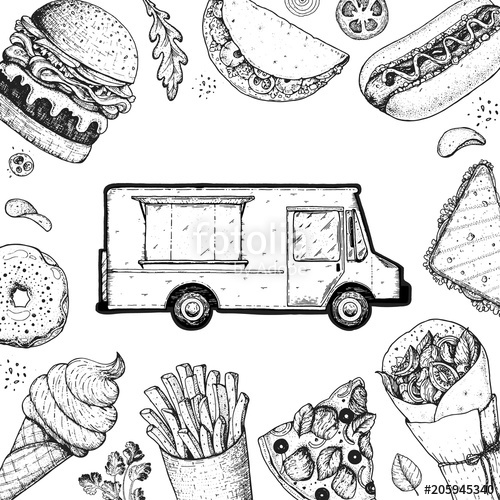 500x500 Food Truck Sketch Vector Illustration. Fast Food Design Template - Food Truck Sketch