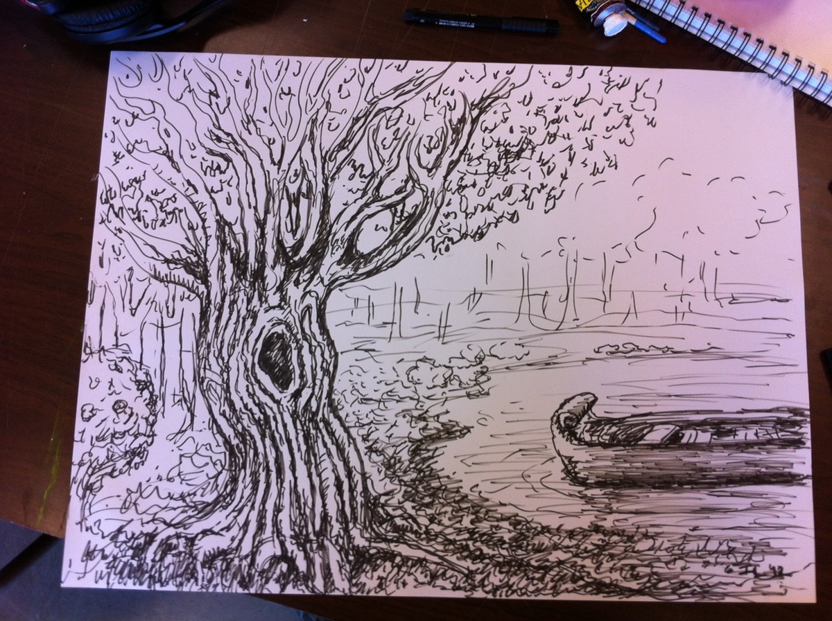 1200x896 Ink Sketch Forest Scene Tree And Boat - Forest Scene Sketch