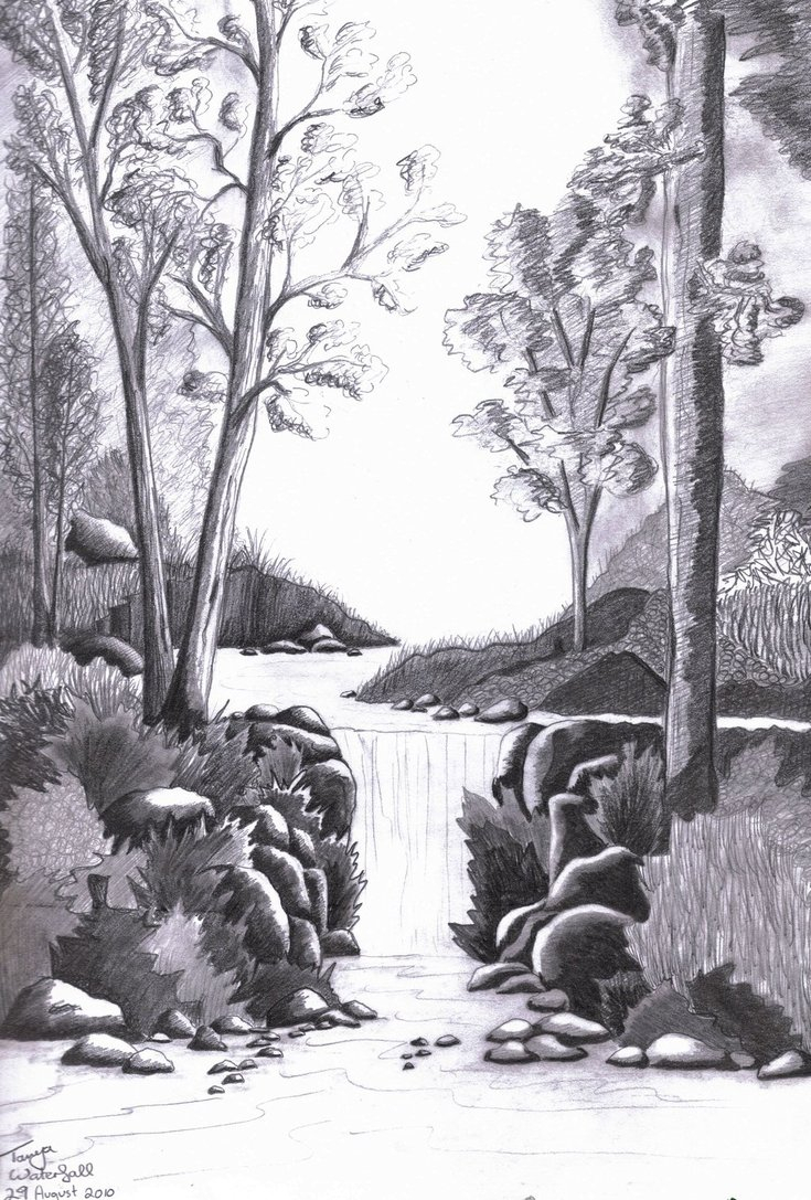 735x1087 Pencil Sketch Waterfall Easy Waterfall Pencil Drawing Easy Pencil - Forest Sketch Easy
