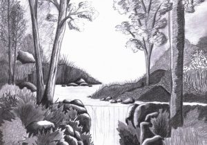 300x210 Waterfall Pencil Sketch Drawing A Waterfall In Charcoal And White - Forest Sketch Easy