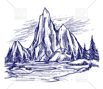 400x346 Landscape Sketch Of River, Mountain And Forest Vector Image - Forest Sketch Images