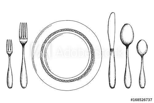 500x334 Plate Knife Fork And Spoon Sketch. Cutlery Set Vintage Vector - Fork And Spoon Sketch