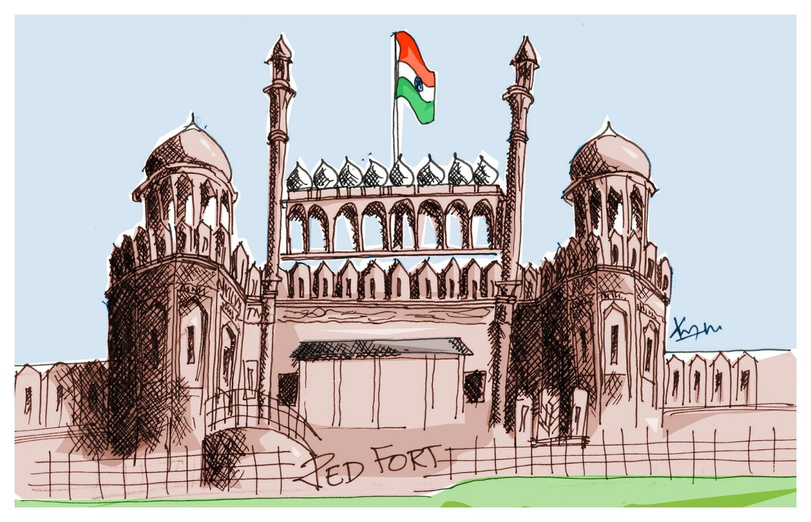 1600x1030 Red Fort Sketch New Delhi - Fort Sketch