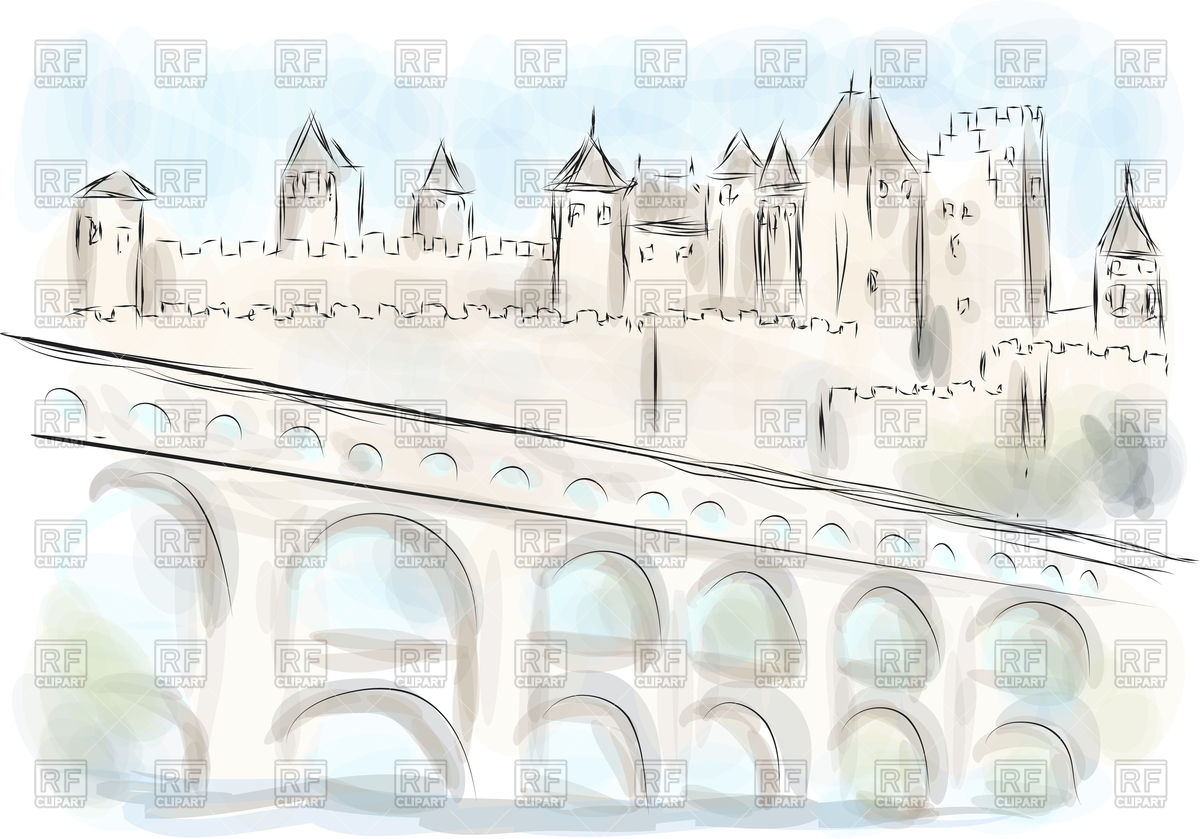 1200x839 Sketch Of Languedoc, Old Fort With Bridge Vector Image Vector - Fort Sketch