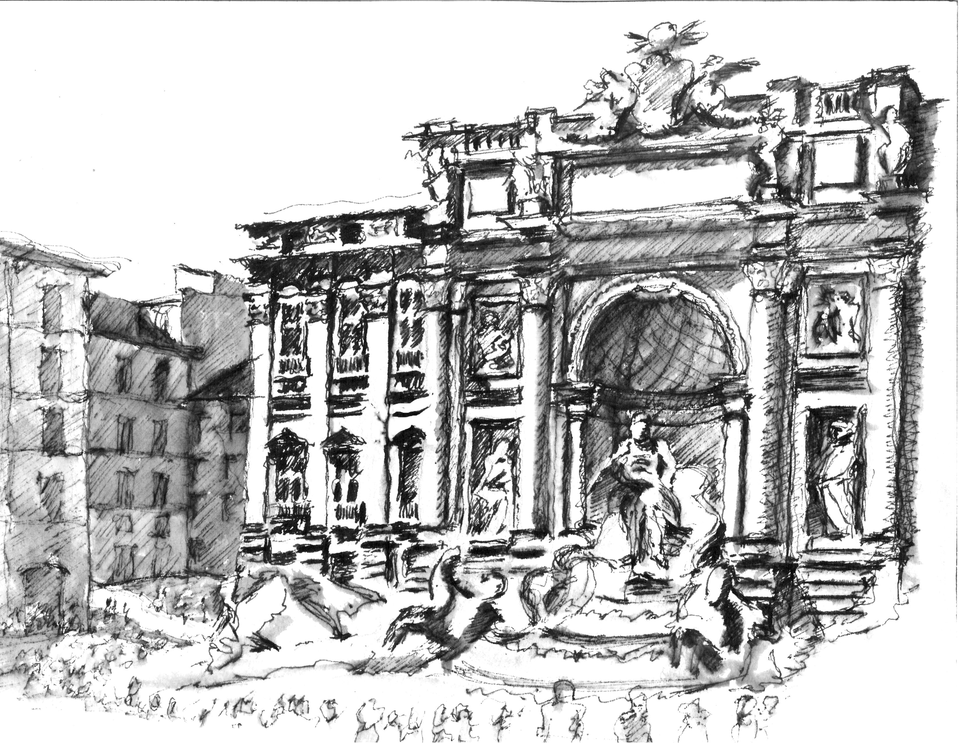 3295x2552 Hand Sketch Of The Trevi Fountain, Rome, Italy Architectural - Fountain Sketch