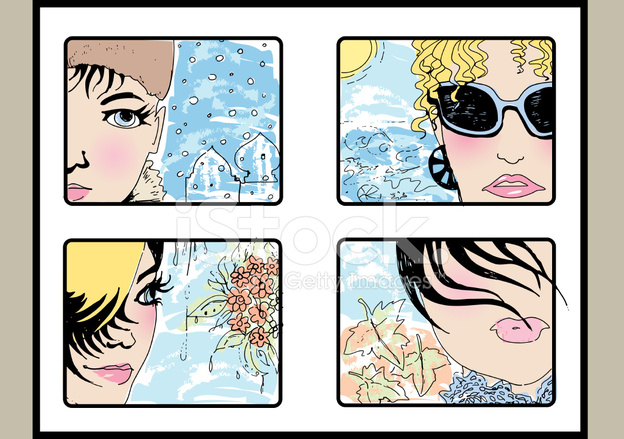 624x439 Four Seasons Retro Style Sketch Stock Vector - Four Seasons Sketch