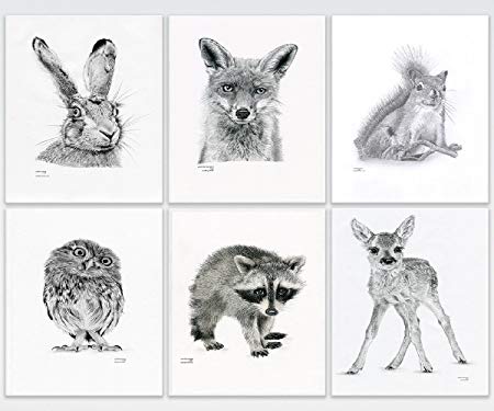450x375 Nursery Woodland Animal Set Of 6 Art Pencil Drawing Art Prints Fox - Fox Pencil Sketch