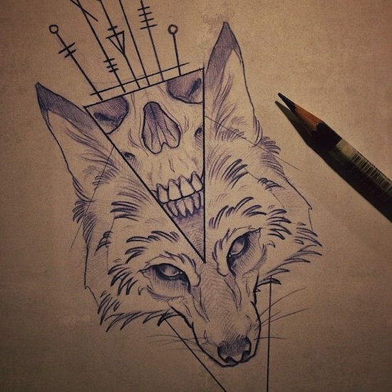 550x550 Fox Skull Tattoo A Skull And Fox Face Sketch Idea. - Fox Tattoo Sketch